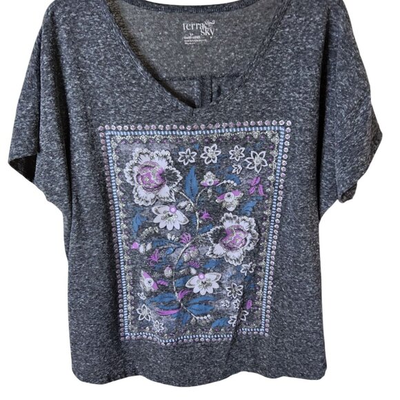 Terra Sky Womens Floral Glitter Graphic V-Neck Short Sleeve Tee - Picture 1 of 3